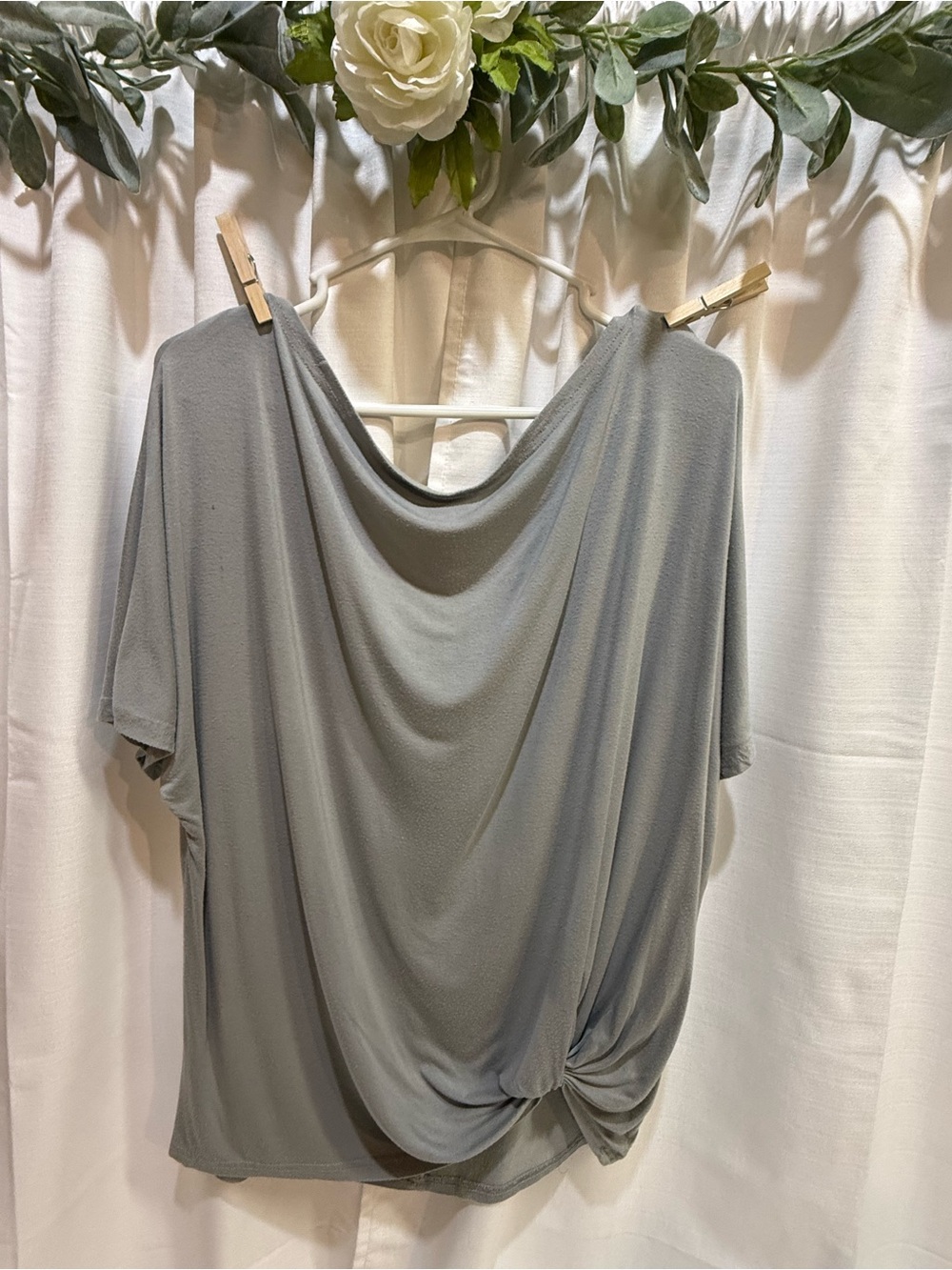 Greenish Gray Dolman Sleeve Front Knot Draped Tee Size Med.